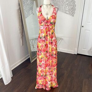 Vintage Early 2000's Caché Romantic Red Orange Yellow Rose Flower Maxi Dress S